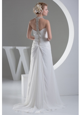 White Halter Top Ruched Wedding Dress with Appliques and Beading