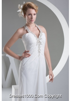 White Halter Top Ruched Wedding Dress with Appliques and Beading