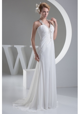 White Halter Top Ruched Wedding Dress with Appliques and Beading