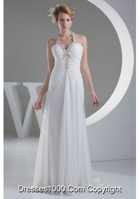 White Halter Top Ruched Wedding Dress with Appliques and Beading