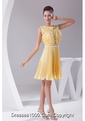 Yellow Pleating Lace Scoop Prom Dress Decorated with Ribbon