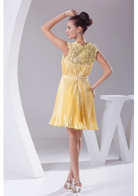 Yellow Pleating Lace Scoop Prom Dress Decorated with Ribbon