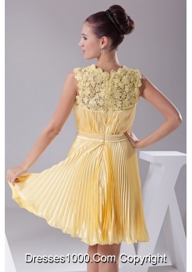 Yellow Pleating Lace Scoop Prom Dress Decorated with Ribbon