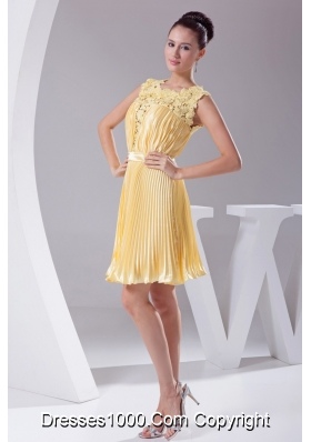 Yellow Pleating Lace Scoop Prom Dress Decorated with Ribbon