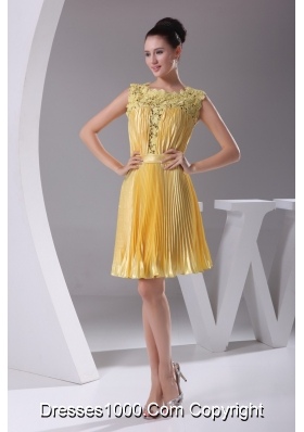 Yellow Pleating Lace Scoop Prom Dress Decorated with Ribbon
