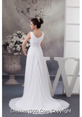 Adorable White Court Train Plunging V-neck Pleated Wedding Dress