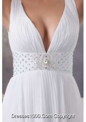 Adorable White Court Train Plunging V-neck Pleated Wedding Dress