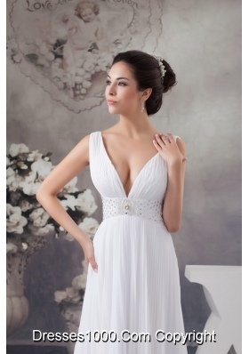 Adorable White Court Train Plunging V-neck Pleated Wedding Dress