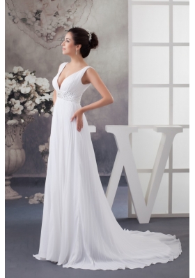 Adorable White Court Train Plunging V-neck Pleated Wedding Dress