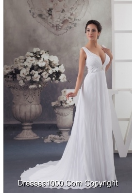 Adorable White Court Train Plunging V-neck Pleated Wedding Dress