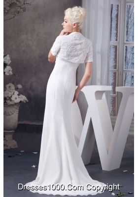 Appliqued and Ruched Wedding Dresses with Brush Train and Jacket