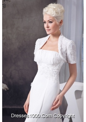 Appliqued and Ruched Wedding Dresses with Brush Train and Jacket