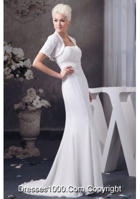 Appliqued and Ruched Wedding Dresses with Brush Train and Jacket