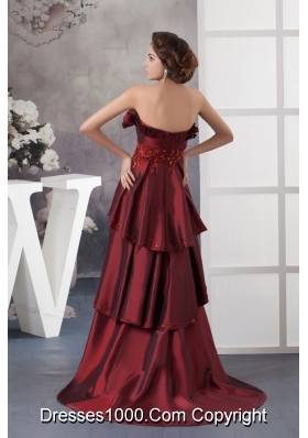 Appliqued Prom Column Dresses in Wine Red Brush Train