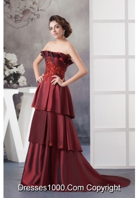 Appliqued Prom Column Dresses in Wine Red Brush Train