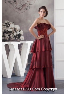 Appliqued Prom Column Dresses in Wine Red Brush Train