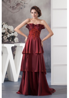 Appliqued Prom Column Dresses in Wine Red Brush Train