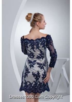 Appliques Accent Off Shoulder 3/4 Sleeves Prom Gowns in Navy Blue