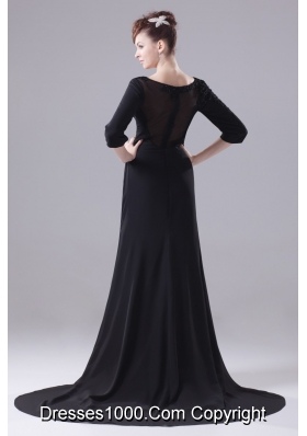 Appliques Scoop Brush Tain 3/4 Sleeves Prom Dress with Sheer Back