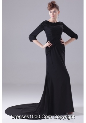 Appliques Scoop Brush Tain 3/4 Sleeves Prom Dress with Sheer Back