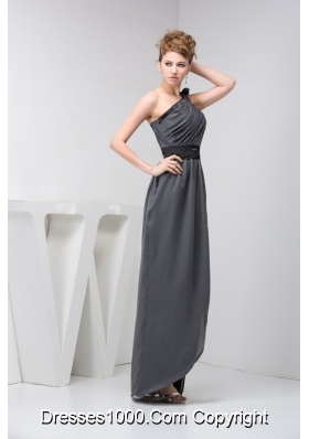 Asymmetrical Floor-length Ruched Grey Prom Graduation Dress