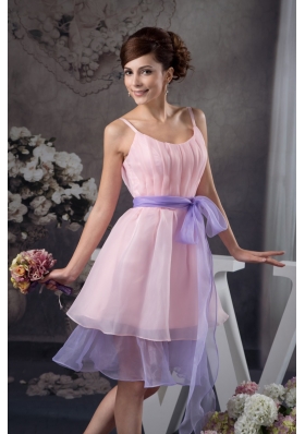 Baby Pink Straps Prom Celebrity Dress with Lavender Sash