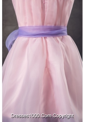 Baby Pink Straps Prom Celebrity Dress with Lavender Sash