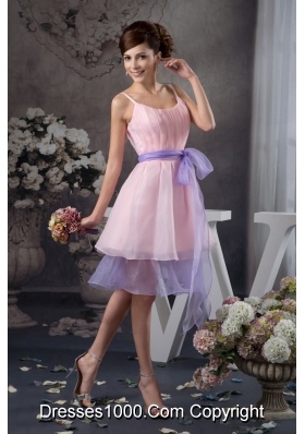 Baby Pink Straps Prom Celebrity Dress with Lavender Sash