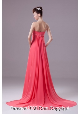 Beaded and Ruched Watermelon Chiffon Prom Dresses with Watteau Train