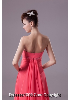 Beaded and Ruched Watermelon Chiffon Prom Dresses with Watteau Train