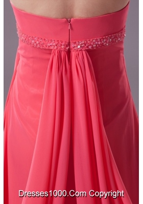 Beaded and Ruched Watermelon Chiffon Prom Dresses with Watteau Train