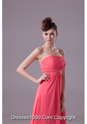 Beaded and Ruched Watermelon Chiffon Prom Dresses with Watteau Train