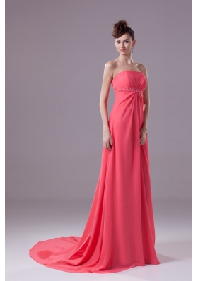 Beaded and Ruched Watermelon Chiffon Prom Dresses with Watteau Train