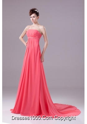 Beaded and Ruched Watermelon Chiffon Prom Dresses with Watteau Train