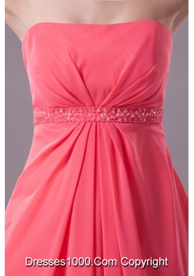 Beaded and Ruched Watermelon Chiffon Prom Dresses with Watteau Train