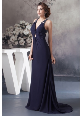 Beaded Navy Blue Prom Graduation Dress with Criss Cross Back