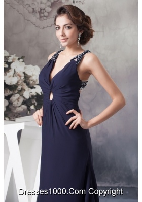 Beaded Navy Blue Prom Graduation Dress with Criss Cross Back