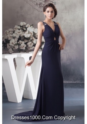 Beaded Navy Blue Prom Graduation Dress with Criss Cross Back