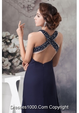 Beaded Navy Blue Prom Graduation Dress with Criss Cross Back