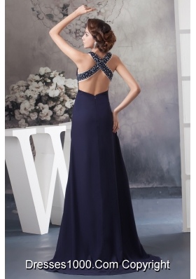 Beaded Navy Blue Prom Graduation Dress with Criss Cross Back