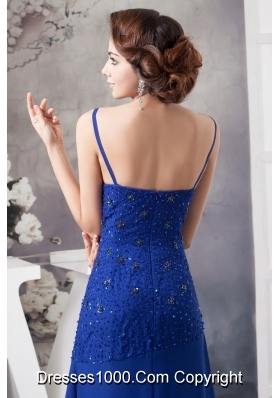 Beaded Royal BlueSpaghetti Straps Prom Dress of Ankle-length