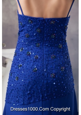 Beaded Royal BlueSpaghetti Straps Prom Dress of Ankle-length