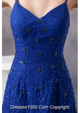 Beaded Royal BlueSpaghetti Straps Prom Dress of Ankle-length