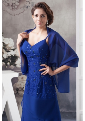 Beaded Royal BlueSpaghetti Straps Prom Dress of Ankle-length