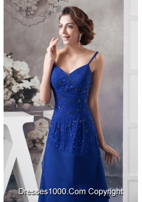 Beaded Royal BlueSpaghetti Straps Prom Dress of Ankle-length