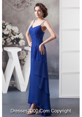 Beaded Royal BlueSpaghetti Straps Prom Dress of Ankle-length