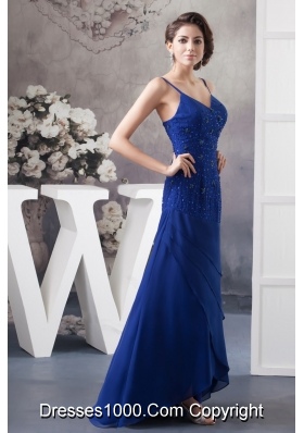 Beaded Royal BlueSpaghetti Straps Prom Dress of Ankle-length