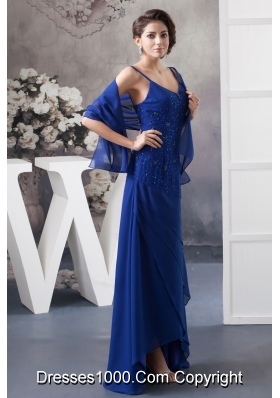 Beaded Royal BlueSpaghetti Straps Prom Dress of Ankle-length