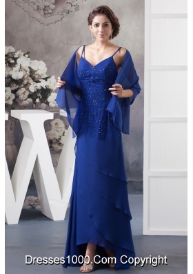 Beaded Royal BlueSpaghetti Straps Prom Dress of Ankle-length