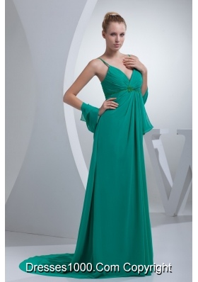 Beading and Ruches Accent Turquoise Prom Evening Dress with Straps